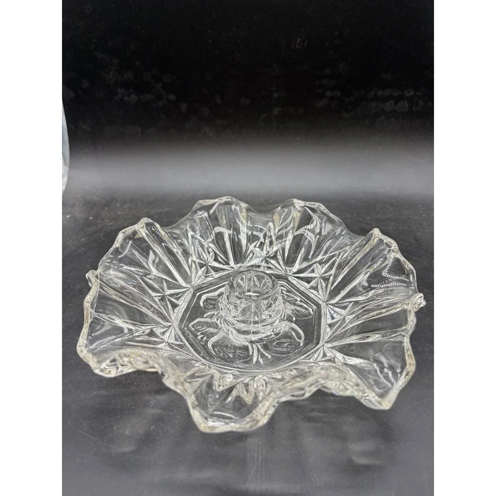 Vintage Clear Pressed Glass Ruffled Edge Candlestick Holder‎ Starburst Rose Base